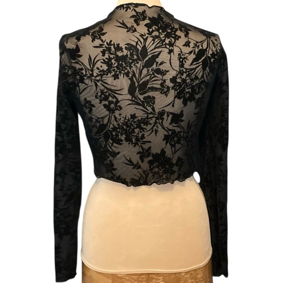 Mesh and Velvet Black Floral Lace Long Sleeve Crop Top - Picture 6 of 6
